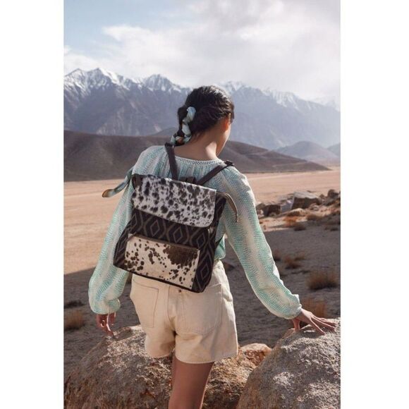 Myra Bag Handmade Mocha Backpack Upcycled Canvas & Cowhide Leather - Picture 1 of 10